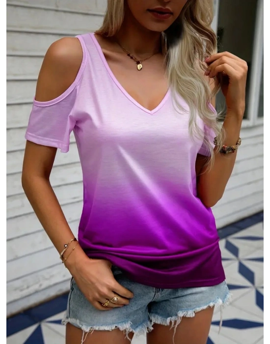 Kadın Kısa Kollu V Yakalı Iki Omuzu Açık Renk Geçiş Baskılı Süprem Bluz