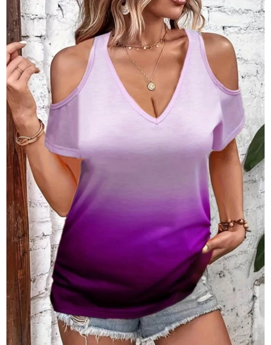 Kadın Kısa Kollu V Yakalı Iki Omuzu Açık Renk Geçiş Baskılı Süprem Bluz