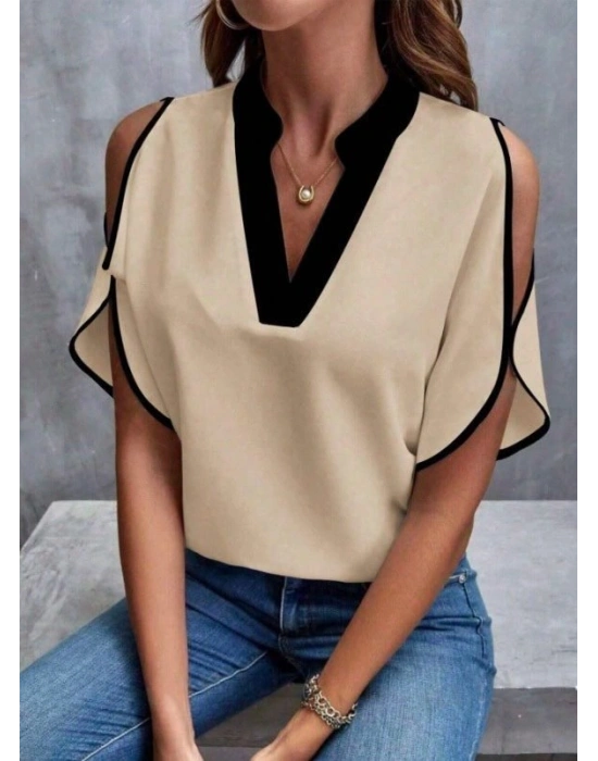Kadın Kısa Kollu V Yakalı Ithal Krep Bluz