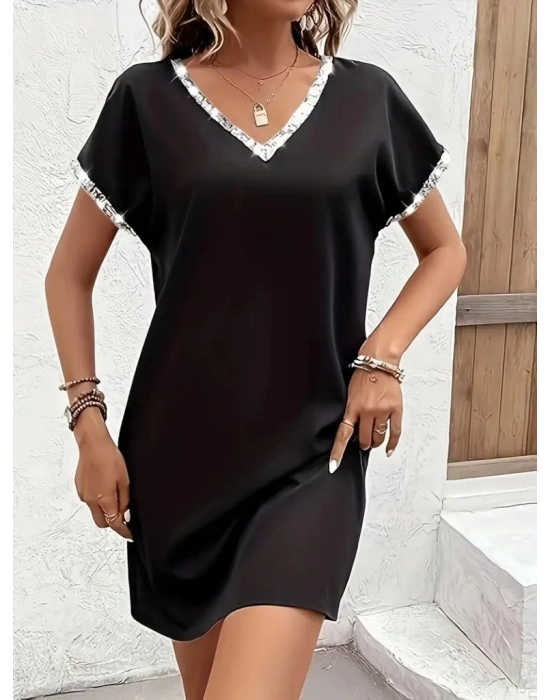 Kadın Kısa Kollu V Yakalı Janjan Krep Elbise