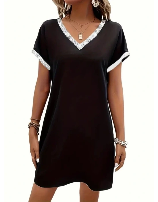 Kadın Kısa Kollu V Yakalı Janjan Krep Elbise