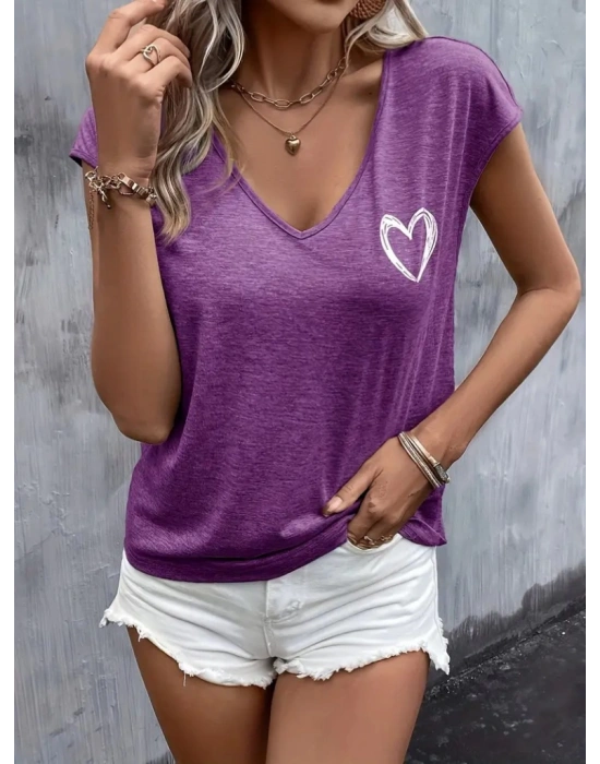 Kadın Kısa Kollu V Yakalı Kalp Baskılı Viskon Bluz