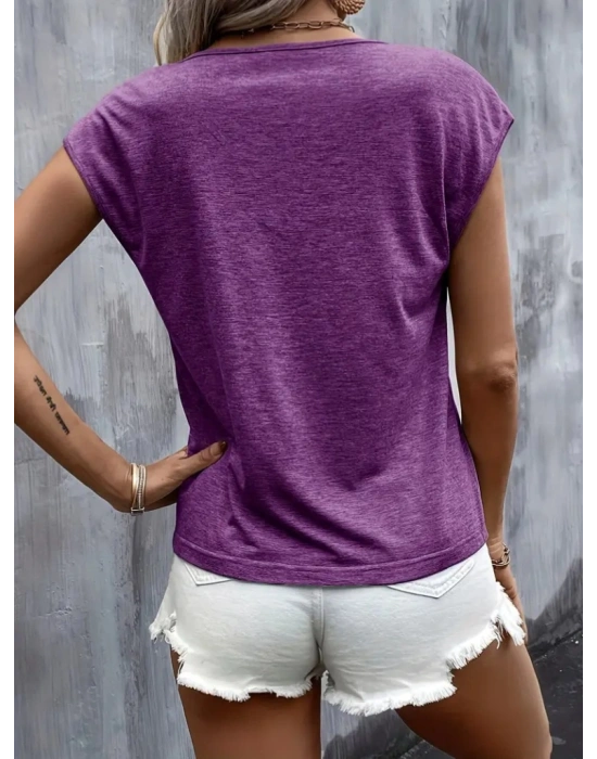 Kadın Kısa Kollu V Yakalı Kalp Baskılı Viskon Bluz