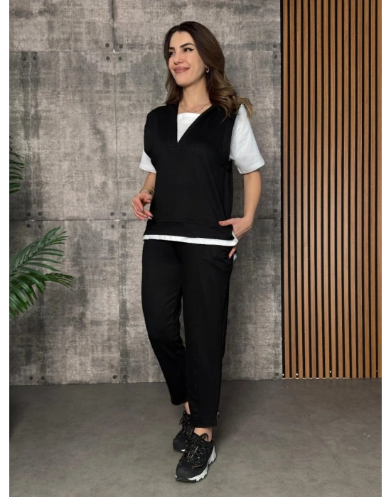 Kadın Kısa Kollu V Yakalı Kapşonlu Viskon Iki Iplik Bluz Ve Pantolon Takım