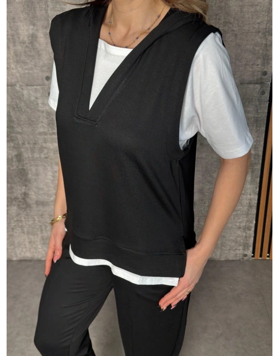 Kadın Kısa Kollu V Yakalı Kapşonlu Viskon Iki Iplik Bluz Ve Pantolon Takım