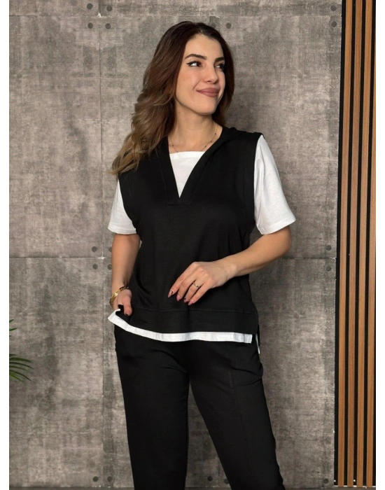Kadın Kısa Kollu V Yakalı Kapşonlu Viskon Iki Iplik Bluz Ve Pantolon Takım