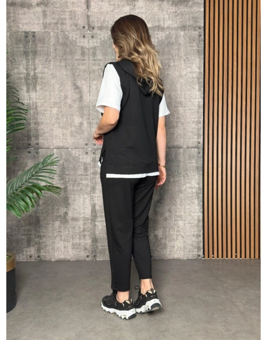 Kadın Kısa Kollu V Yakalı Kapşonlu Viskon Iki Iplik Bluz Ve Pantolon Takım