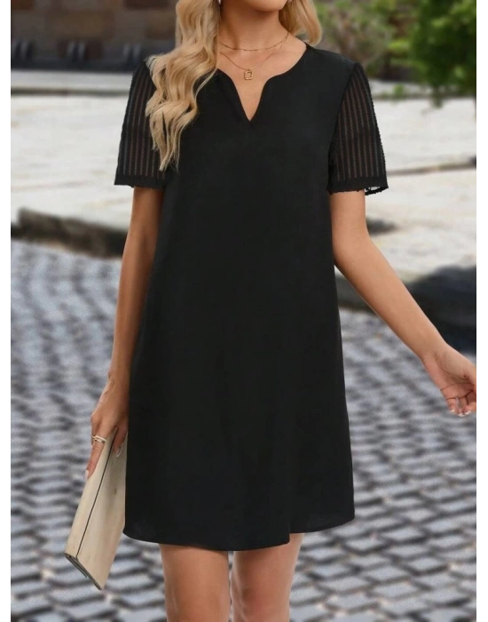 Kadın Kısa Kollu V Yakalı Kısa Janjan Krep Elbise