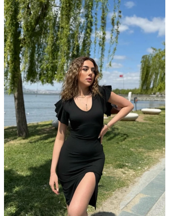 Kadın Kısa Kollu V Yakalı Kolları Volanlı Yandan Yırtmaçlı Kısa Janjan Krep Elbise