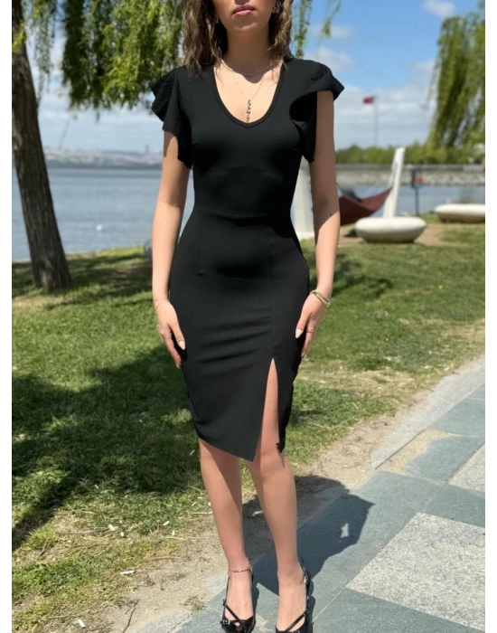 Kadın Kısa Kollu V Yakalı Kolları Volanlı Yandan Yırtmaçlı Kısa Janjan Krep Elbise