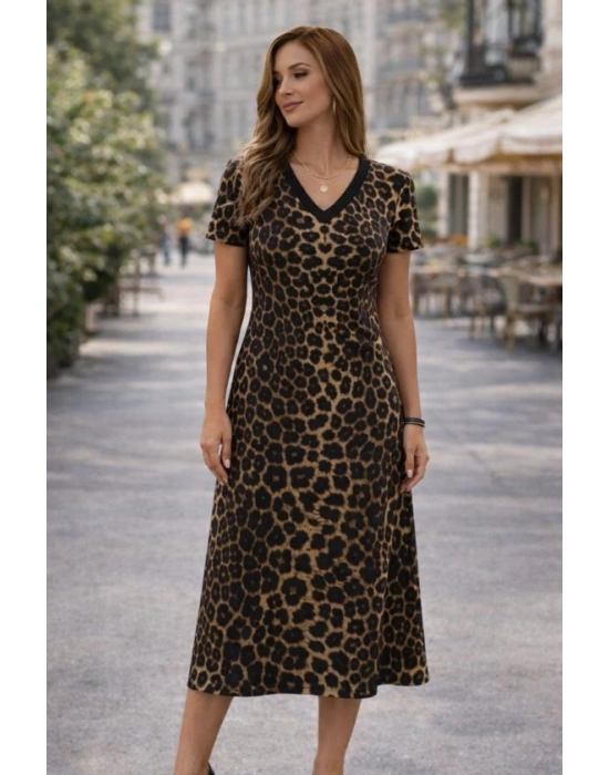 Kadın Kısa Kollu V Yakalı Leopar Desenli Kısa Süprem Elbise