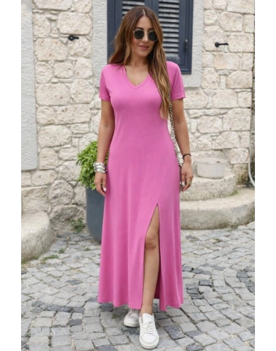 Kadın Kısa Kollu V Yakalı Maksi Boy Viskon Elbise
