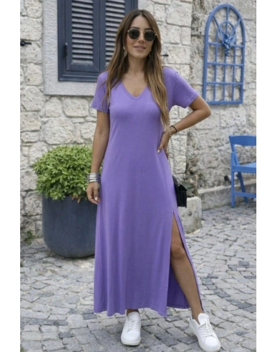 Kadın Kısa Kollu V Yakalı Maksi Boy Viskon Elbise