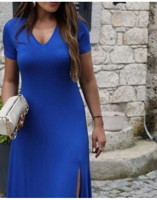 Kadın Kısa Kollu V Yakalı Maksi Boy Viskon Elbise