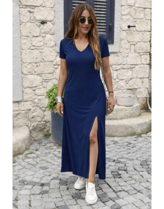 Kadın Kısa Kollu V Yakalı Maksi Boy Viskon Elbise