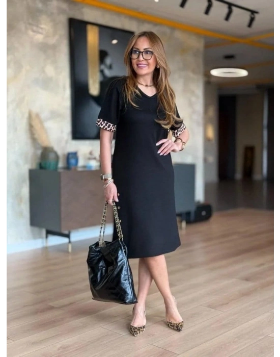 Kadın Kısa Kollu V Yakalı Midi Viskon Iki Iplik Elbise