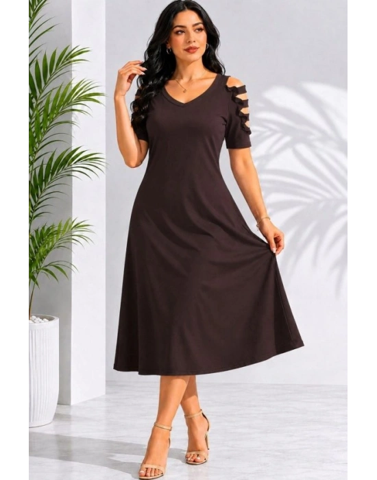 Kadın Kısa Kollu V Yakalı Omuzlardan şerit Detaylı Viskon Midi Elbise
