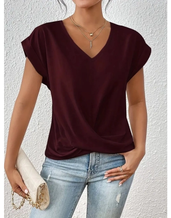 Kadın Kısa Kollu V Yakalı önden çapraz Geçmeli Detay Viskon Bluz