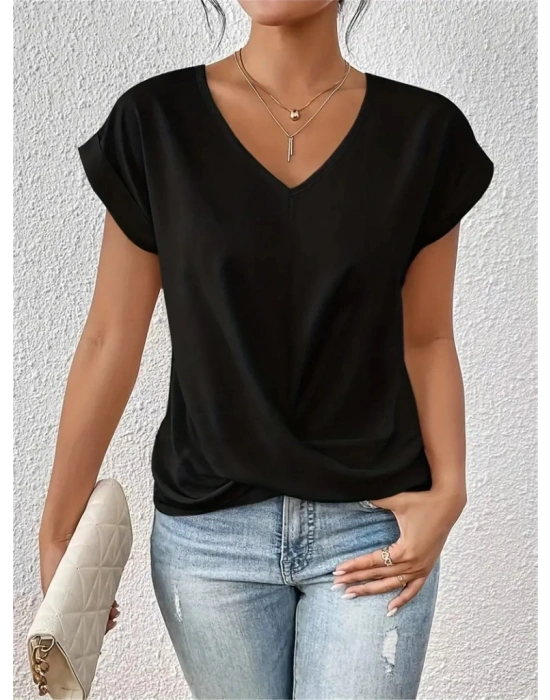 Kadın Kısa Kollu V Yakalı önden çapraz Geçmeli Detay Viskon Bluz
