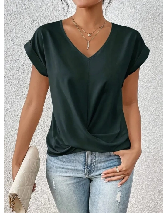 Kadın Kısa Kollu V Yakalı önden çapraz Geçmeli Detay Viskon Bluz