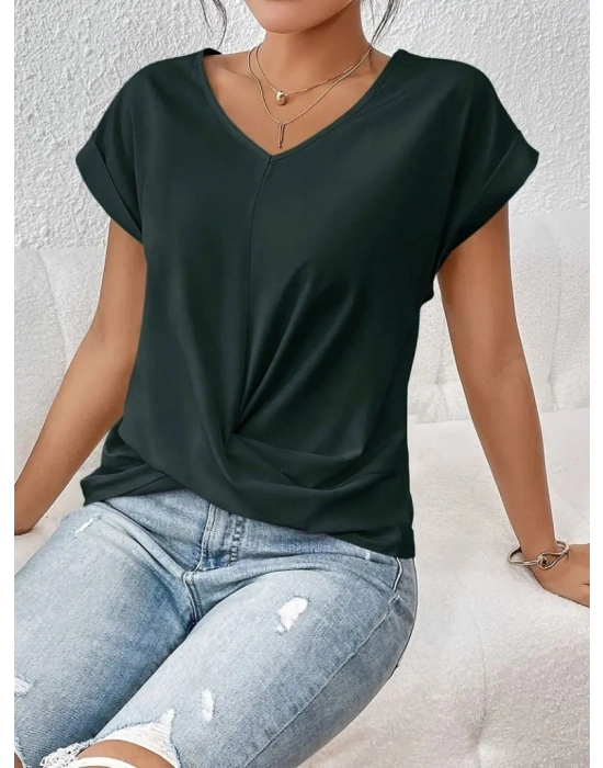 Kadın Kısa Kollu V Yakalı önden çapraz Geçmeli Detay Viskon Bluz