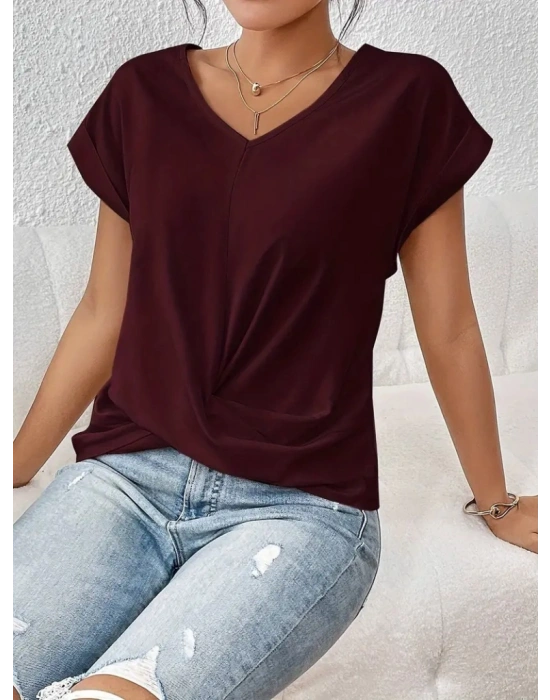 Kadın Kısa Kollu V Yakalı önden çapraz Geçmeli Detay Viskon Bluz