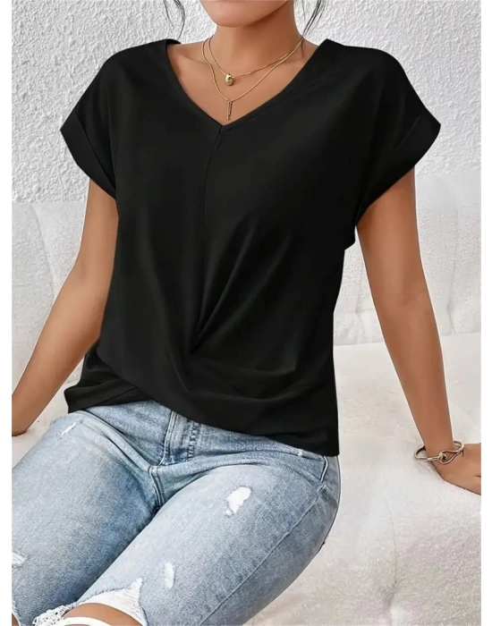 Kadın Kısa Kollu V Yakalı önden çapraz Geçmeli Detay Viskon Bluz