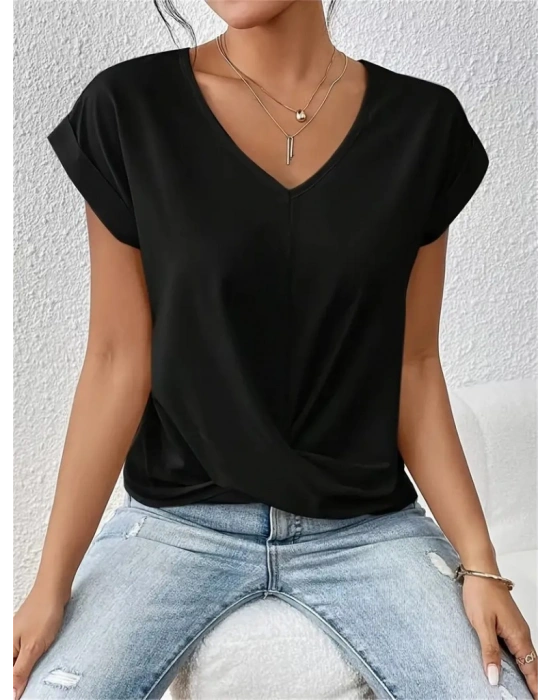 Kadın Kısa Kollu V Yakalı önden çapraz Geçmeli Detay Viskon Bluz