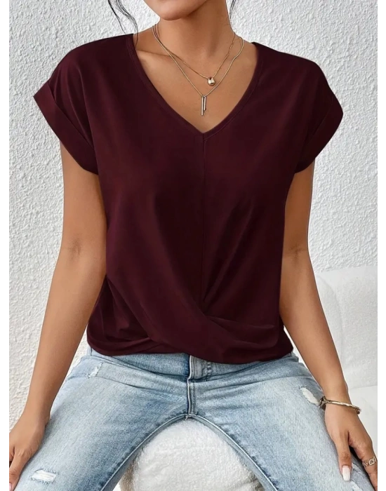 Kadın Kısa Kollu V Yakalı önden çapraz Geçmeli Detay Viskon Bluz