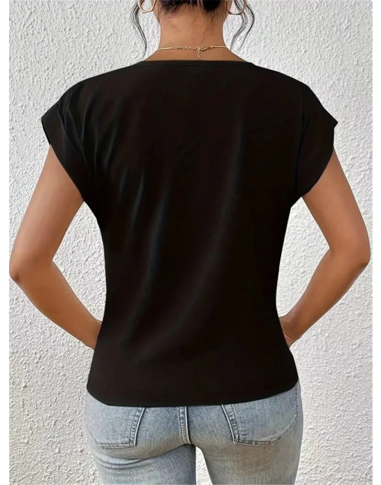 Kadın Kısa Kollu V Yakalı önden çapraz Geçmeli Detay Viskon Bluz