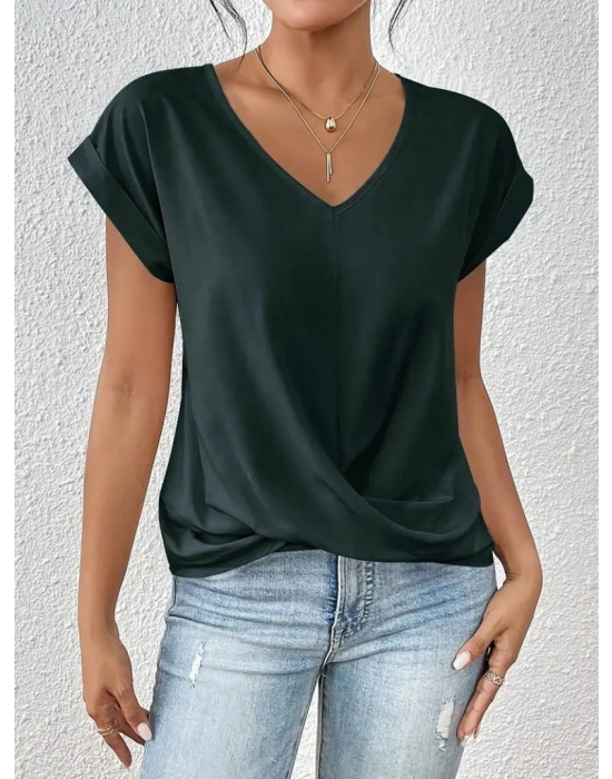 Kadın Kısa Kollu V Yakalı önden çapraz Geçmeli Detay Viskon Bluz