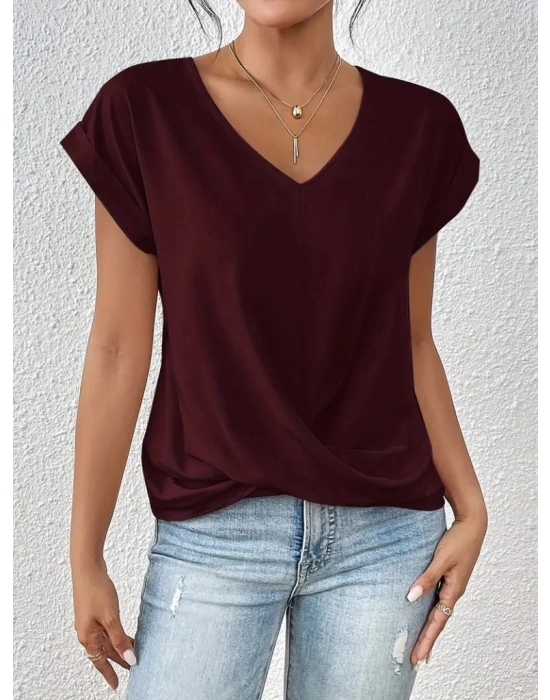 Kadın Kısa Kollu V Yakalı önden çapraz Geçmeli Detay Viskon Bluz