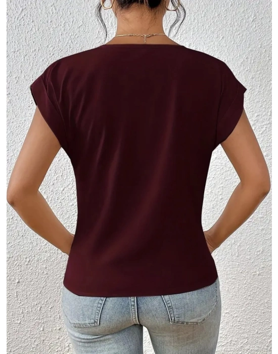 Kadın Kısa Kollu V Yakalı önden çapraz Geçmeli Detay Viskon Bluz