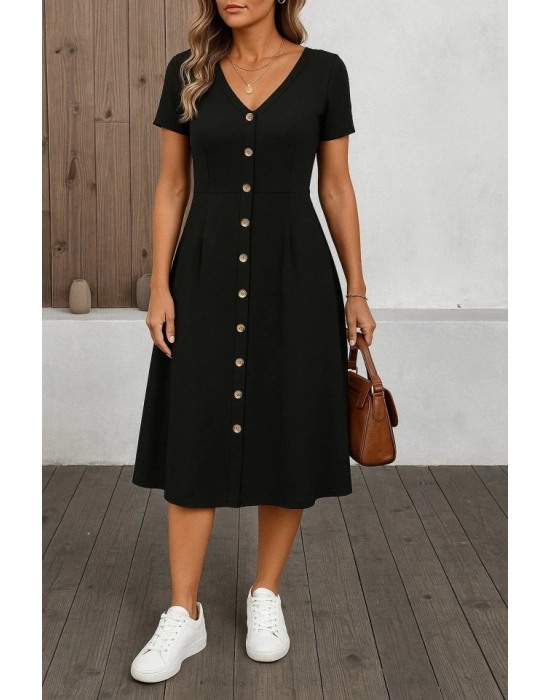 Kadın Kısa Kollu V Yakalı önden Düğmeli A Kesim Dokuma Elbise