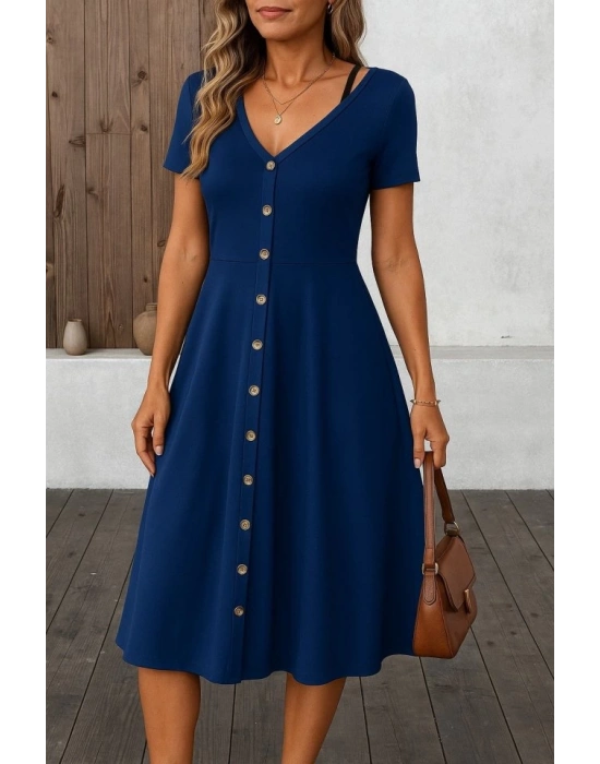 Kadın Kısa Kollu V Yakalı önden Düğmeli A Kesim Dokuma Elbise