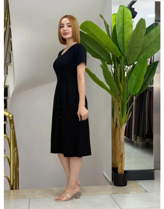 Kadın Kısa Kollu V Yakalı önden Düğmeli A Kesim Dokuma Elbise