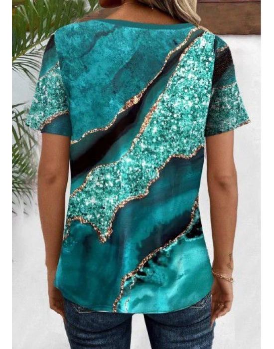 Kadın Kısa Kollu V Yakalı önden Düğmeli Baskılı Süprem Bluz