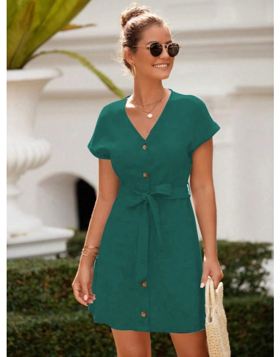 Kadın Kısa Kollu V Yakalı önden Düğmeli Belden Kuşaklı Cepli Sofya Elbise