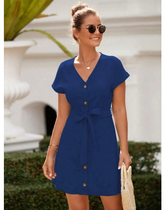 Kadın Kısa Kollu V Yakalı önden Düğmeli Belden Kuşaklı Cepli Sofya Elbise