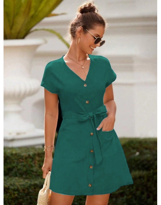 Kadın Kısa Kollu V Yakalı önden Düğmeli Belden Kuşaklı Cepli Sofya Elbise