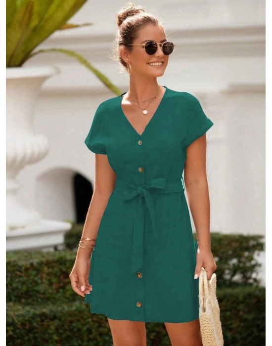 Kadın Kısa Kollu V Yakalı önden Düğmeli Belden Kuşaklı Cepli Sofya Elbise