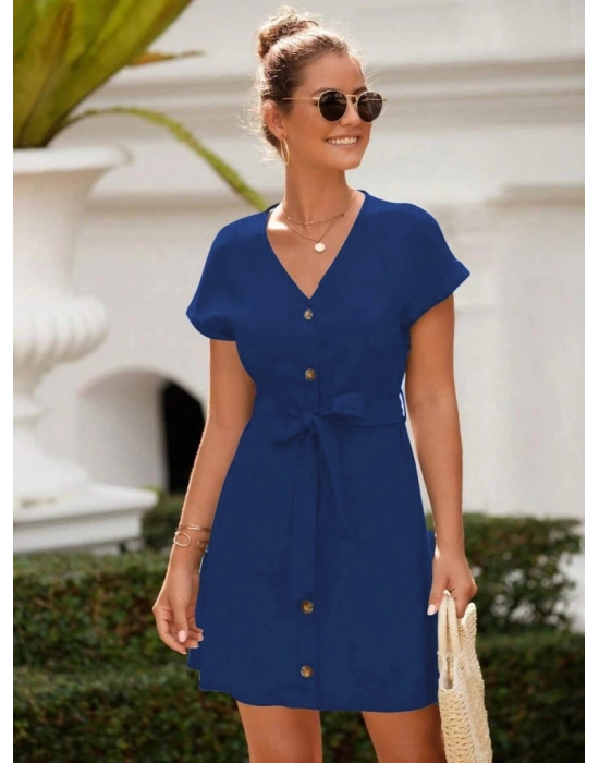 Kadın Kısa Kollu V Yakalı önden Düğmeli Belden Kuşaklı Cepli Sofya Elbise
