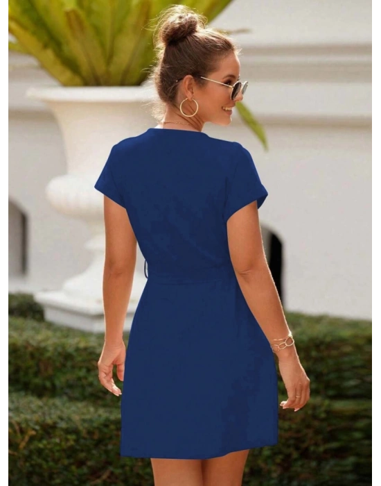 Kadın Kısa Kollu V Yakalı önden Düğmeli Belden Kuşaklı Cepli Sofya Elbise