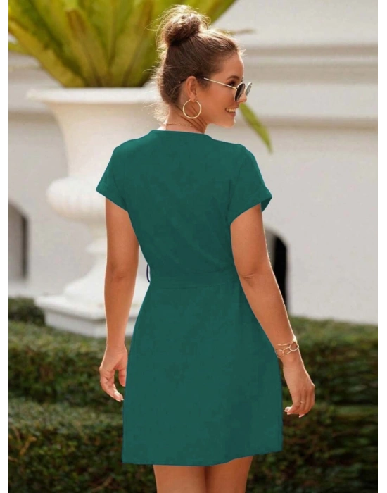 Kadın Kısa Kollu V Yakalı önden Düğmeli Belden Kuşaklı Cepli Sofya Elbise