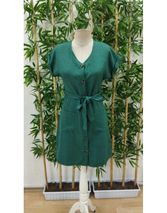 Kadın Kısa Kollu V Yakalı önden Düğmeli Belden Kuşaklı Cepli Sofya Elbise