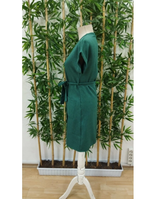 Kadın Kısa Kollu V Yakalı önden Düğmeli Belden Kuşaklı Cepli Sofya Elbise