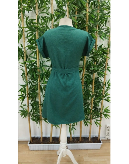 Kadın Kısa Kollu V Yakalı önden Düğmeli Belden Kuşaklı Cepli Sofya Elbise