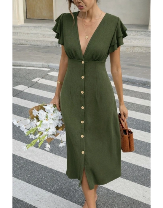 Kadın Kısa Kollu V Yakalı önden Düğmeli Bürümcük Midi Elbise