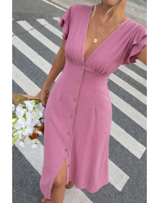 Kadın Kısa Kollu V Yakalı önden Düğmeli Bürümcük Midi Elbise