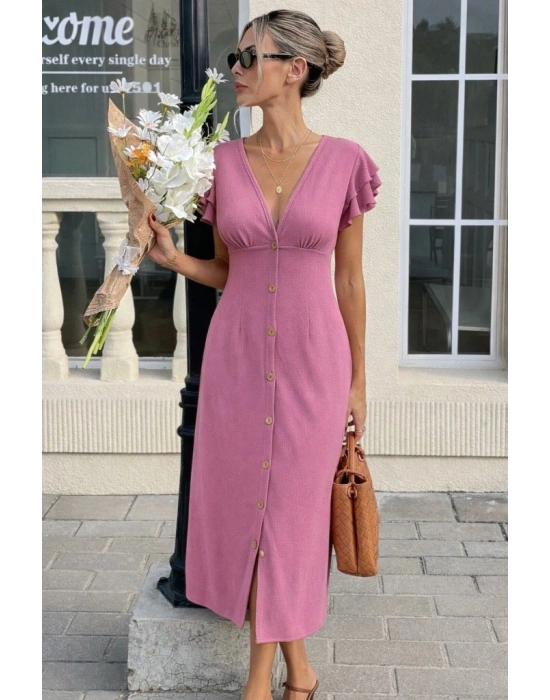 Kadın Kısa Kollu V Yakalı önden Düğmeli Bürümcük Midi Elbise